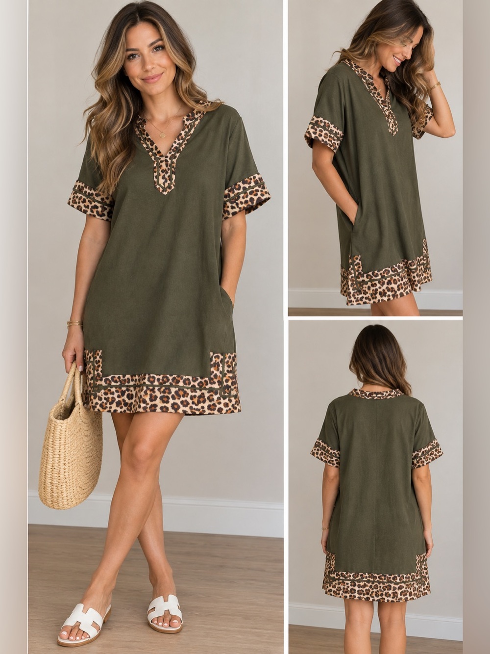 entro Olive Green Dress with Leopard Trim